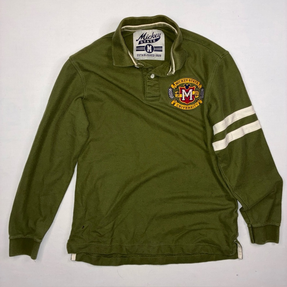 Disney Mickey State University Rugby Shirt Mens Sz M Green Long Sleeve Logo Knit